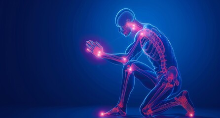 X-ray of human body kneeling highlighting pain points in joints and hands