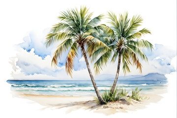 Fototapeta premium Holiday summer travel vacation illustration - Watercolor painting of palms, palm tree on teh beach with ocean sea, design for logo or t shirt, isolated on white background 