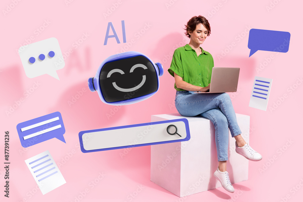 Poster composite artwork collage image picture of girl use laptop chat gpt ai robot isolated on creative ba