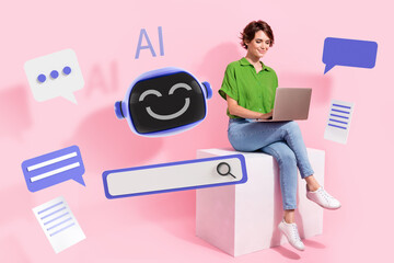 Composite artwork collage image picture of girl use laptop chat gpt ai robot isolated on creative...