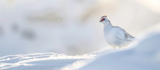 A Svalbard Rock ptarmigan scientifically known as Lagopus muta hyperborea with its winter plumage is pictured standing in the snow at Svalbard creating a serene copy space image for viewers