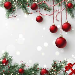 Christmas greeting template with Christmas decorations, red balls and gifts hanging on white background. Xmas decoration for greeting card or web banner