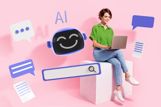 Composite artwork collage image picture of girl use laptop chat gpt ai robot isolated on creative background