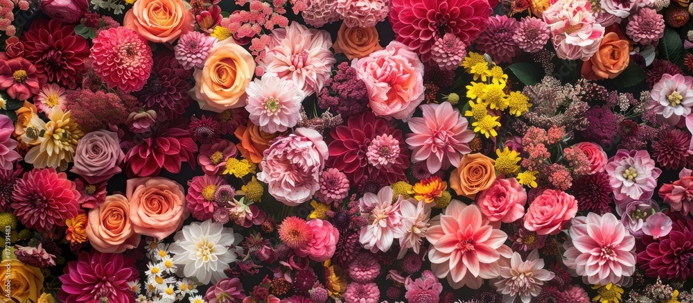 Poster top down view of a floral backdrop with a blank area for adding pictures or text commonly referred t