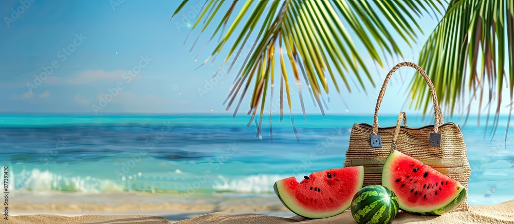 Poster a summer bag and three slices of red watermelon placed on a tropical beach with a summer themed back