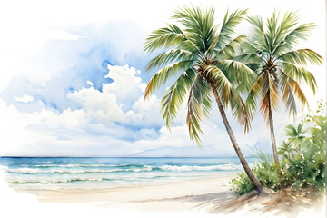 Fototapeta premium Holiday summer travel vacation illustration - Watercolor painting of palms, palm tree on teh beach with ocean sea, design for logo or t shirt, isolated on white background 