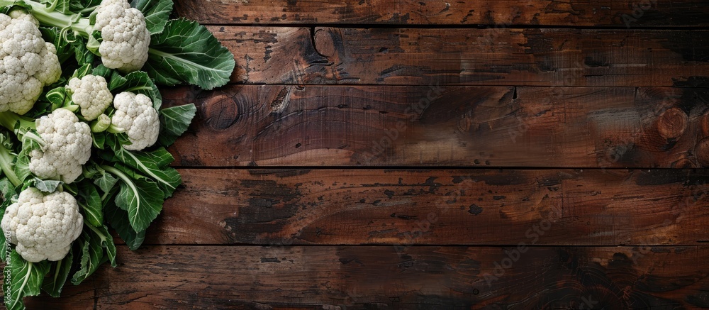 Poster cauliflower arranged on a rustic wooden surface creating a picturesque copy space image