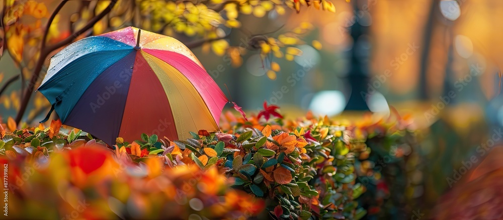 Poster close up view of a vibrant umbrella resting on a bush in a park during autumn with an empty space fo