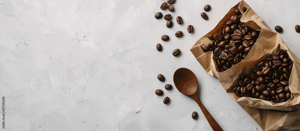 Poster top view of a spoon paper bag and coffee beans on a light background with copy space image