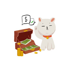 Box of bills and coins with maneki neko