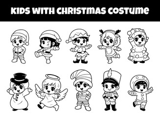 Kids set with christmas costume outline vector illustration