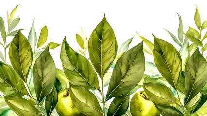 Obraz premium Serene Watercolor Illustration of Lush Green Foliage on White Background. Soft Pastel Green Leaves and Apples, Vibrant Celebration of Nature's Beauty. Minimalistic Background