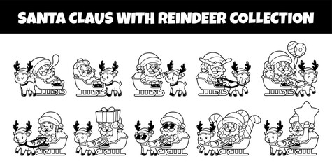 Santa claus character with reindeer outline set vector illustration