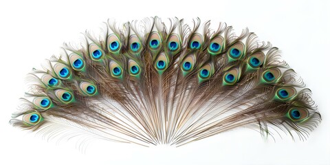 Obraz premium Peacock feathers displayed beautifully against white background. Concept Nature Beauty, Peacock Feathers, Color Contrast, Wildlife Inspiration, Artistic Display