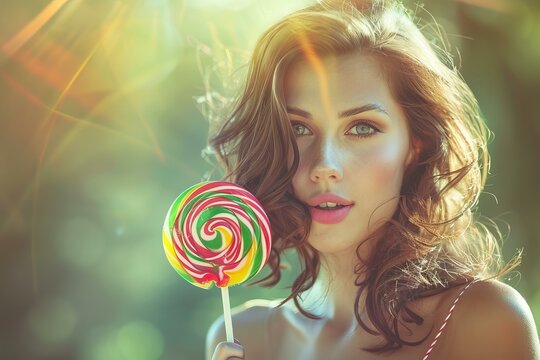 Beautiful brunette woman with long healthy hair holding a colorful lollipop while enjoying a warm sunny day outdoors in nature