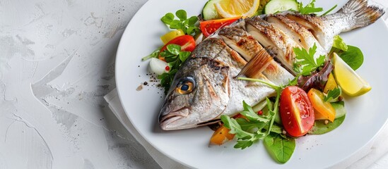 Close up of fresh dorado fish and salad on a white plate with ample copy space image