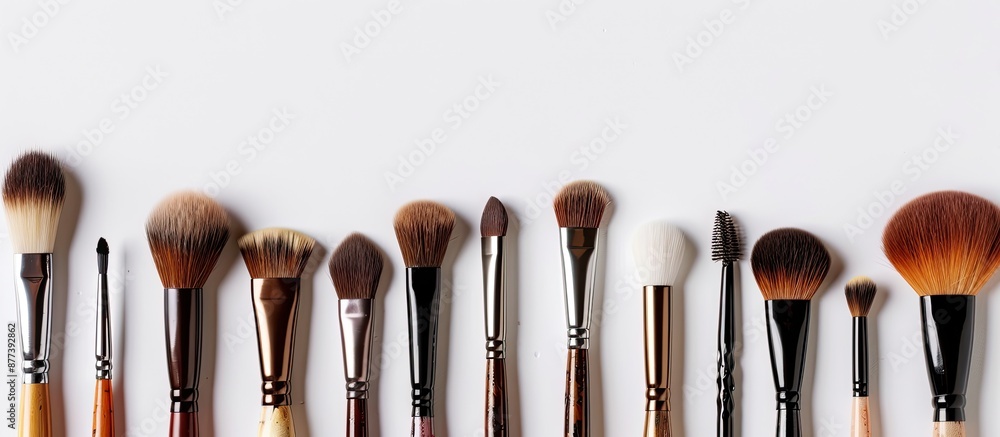 Poster various brushes arranged neatly on a white background with allocated copy space image