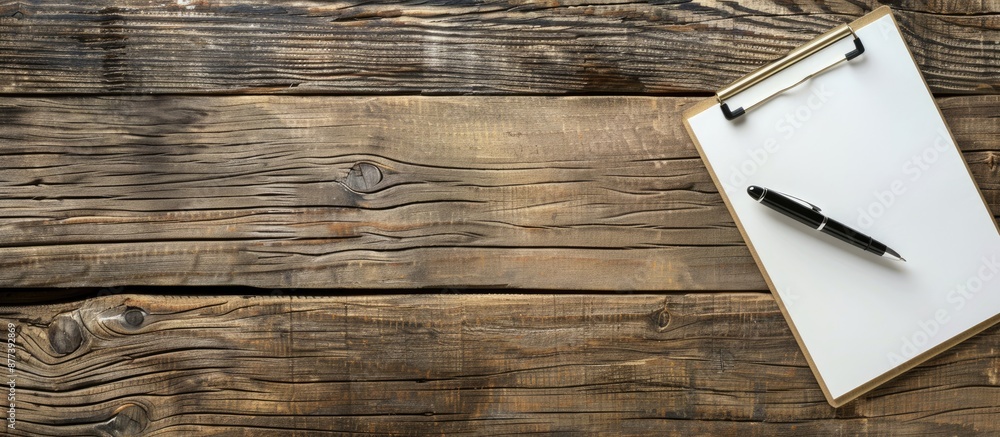 Aufkleber office wooden desk with a pen resting on a blank notepad providing ample copy space image