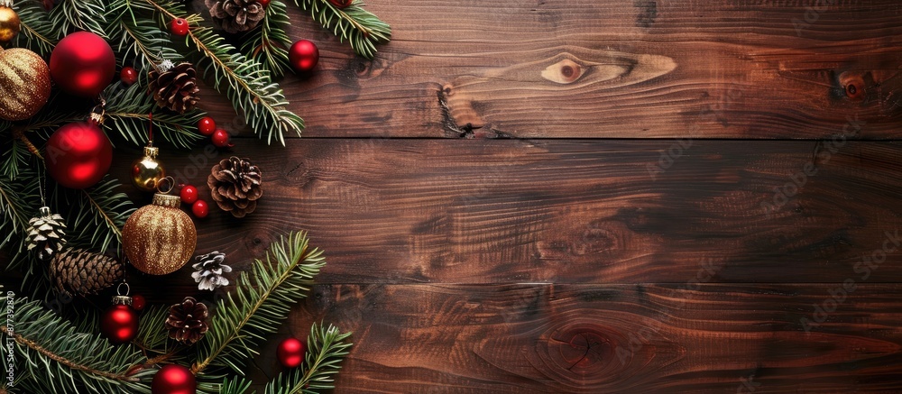Aufkleber dark wood board adorned with a christmas tree and festive decorations ideal for adding text or graph