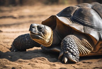 AI generated illustration of a giant tortoise walking on the ground in a lush forest