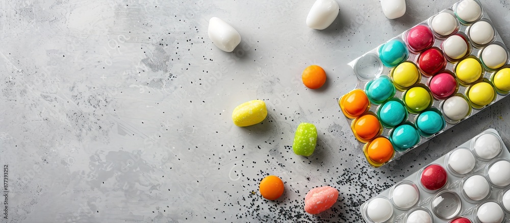 Poster top view of blisters with chewing gums displayed on a light grey table with ample space for adding t