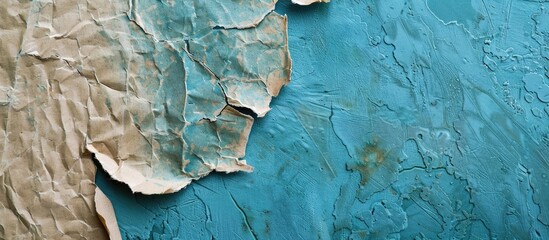 Fototapeta premium A symbolic certificate of compliance displayed on torn cardboard against a blue backdrop featuring copy space image