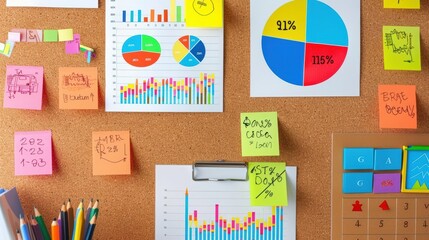 Colorful business charts and sticky notes pinned on a corkboard, displaying graphs, graphs, and office planning organized tools.