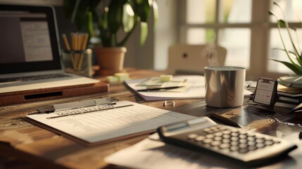 Fototapeta premium Cozy home office setup with laptop, clipboard, calculator, and greenery, perfect for productivity and remote work inspiration.
