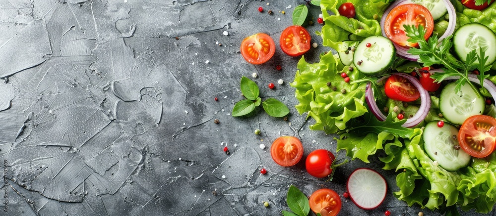 Canvas Prints Fresh vegetable salad with lettuce cherry tomatoes cucumbers radish greens and onions on a table for a healthy lunch Featuring a copy space image for a mockup or banner