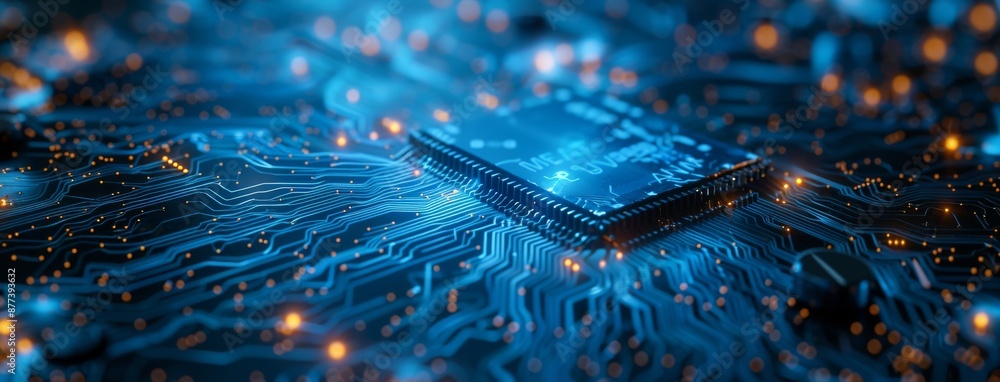 Poster close-up of a blue circuit board with microchip and glowing dots in dark background