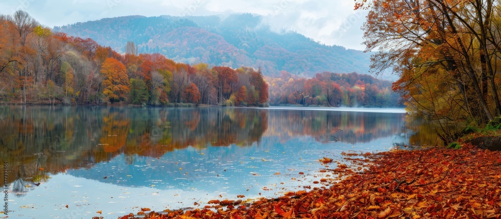 Aufkleber autumn leaves blanket the reservoir creating a scenic nature background with ample copy space image