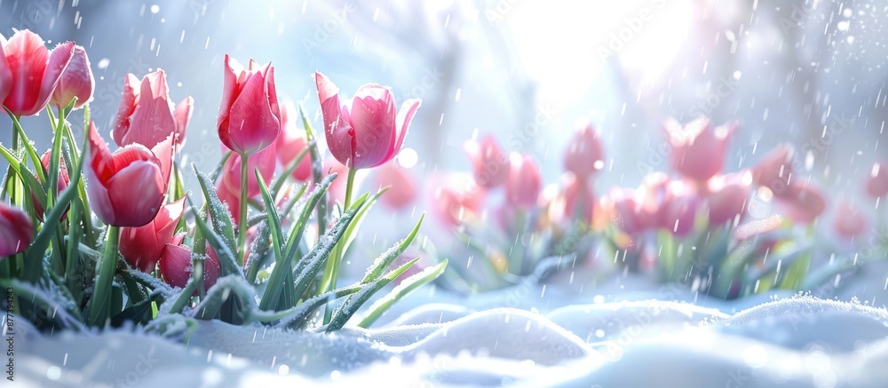 Canvas Prints Tulips blooming in a snowy field with a copy space image