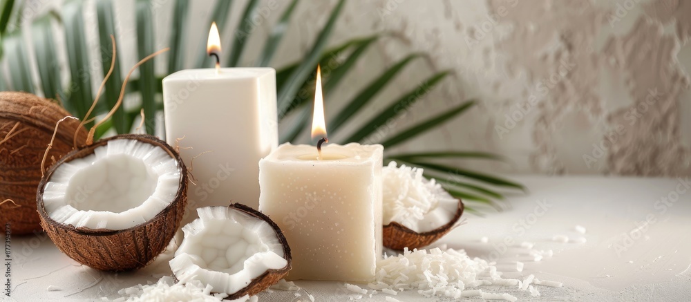 Sticker A set of coconut oil soap and candle displayed on a white table with copy space image