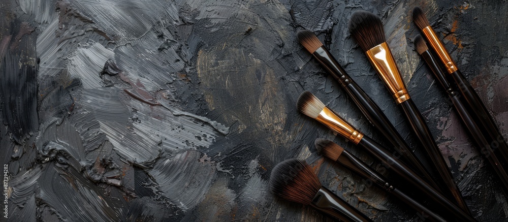 Poster detailed close up image of brushes and palette with copy space image
