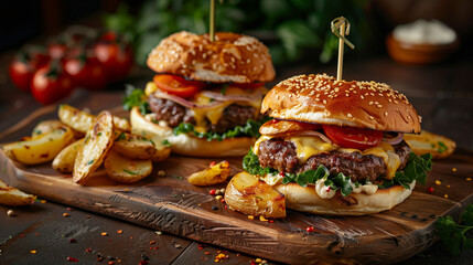 two burgers with cheese and potatoes, 