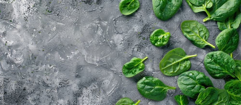 Poster top view of fresh spinach leaves on a grey concrete background with copy space image