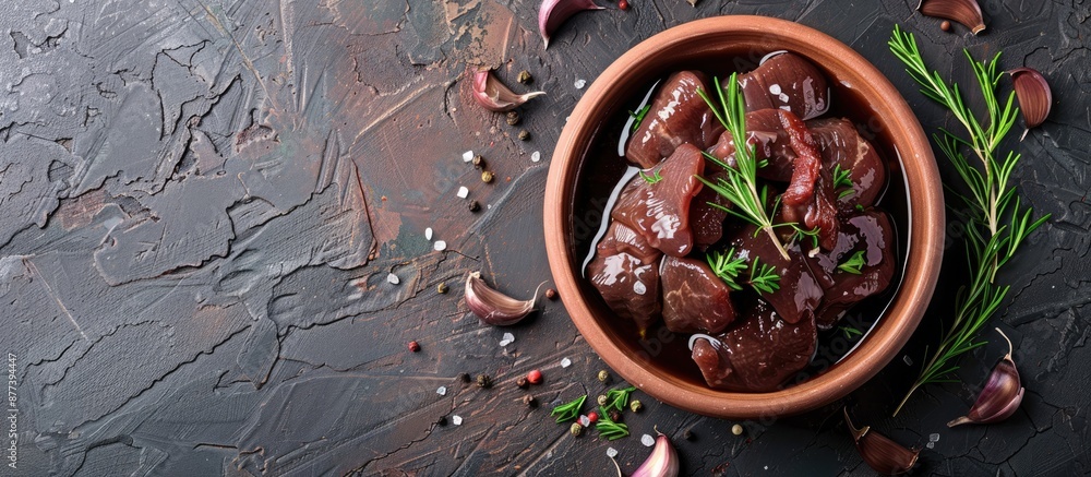 Aufkleber bowl with raw chicken liver for cooking with a blank space for adding images. copy space image. plac