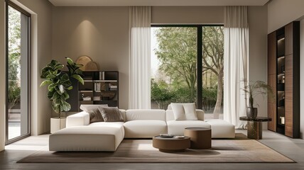 Fototapeta premium A modern living room with a white sectional sofa, large windows offering natural light, a bookshelf, and minimalistic decor. The room features a blend of neutral tones, greenery