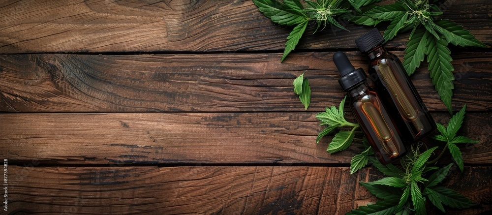 Poster cbd oil bottles with cannabis extract and lush green plant leaves displayed on a rustic wooden table