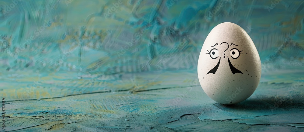 Poster a single painted egg shows a surprised face with a question mark on a blue background includes copy 