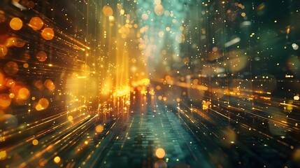 Obraz premium Radiant Golden Light Traces Creating Hypnotic Dancing Energy Lines and Entrancing Abstract Geometry in an Immersive Shadowy Digital Cityscape at Night