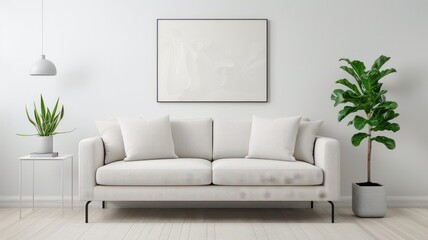 Fototapeta premium A minimalist living room featuring a white sofa with plush cushions, a sleek side table with a potted plant, and a large green indoor plant. The decor is completed with a modern painting on the wall.
