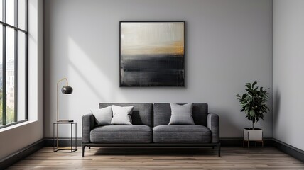 A contemporary living room featuring a modern curved sofa, abstract mural, and large indoor plant. The design includes a minimalist coffee table, potted plant