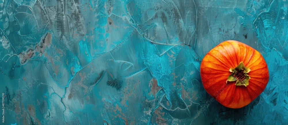 Poster a ripe orange fig persimmon fruit placed on a textured blue background for a flat lay photo top view