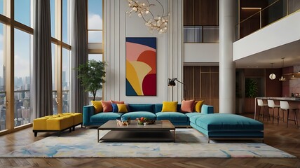 3d rendering of a cozy living room on high rise building with luxurious apartment interior colorful décor furniture.
