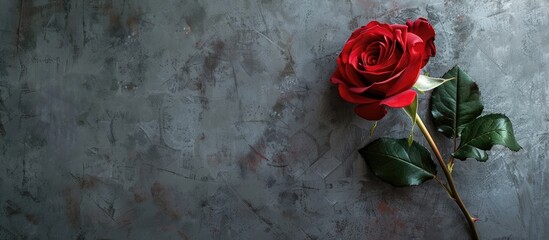 A stunning red rose displayed against a golden frame with a backdrop of neutral gray concrete incorporating text space in a top down view Minimalist style with a holiday and floral theme evident in t