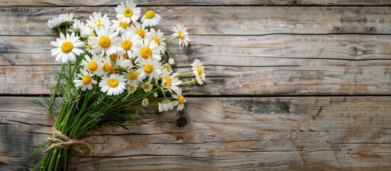 Top view of a bouquet of chamomile flowers on a wooden garden table with space for text or image insertion. Copy space image. Place for adding text and design