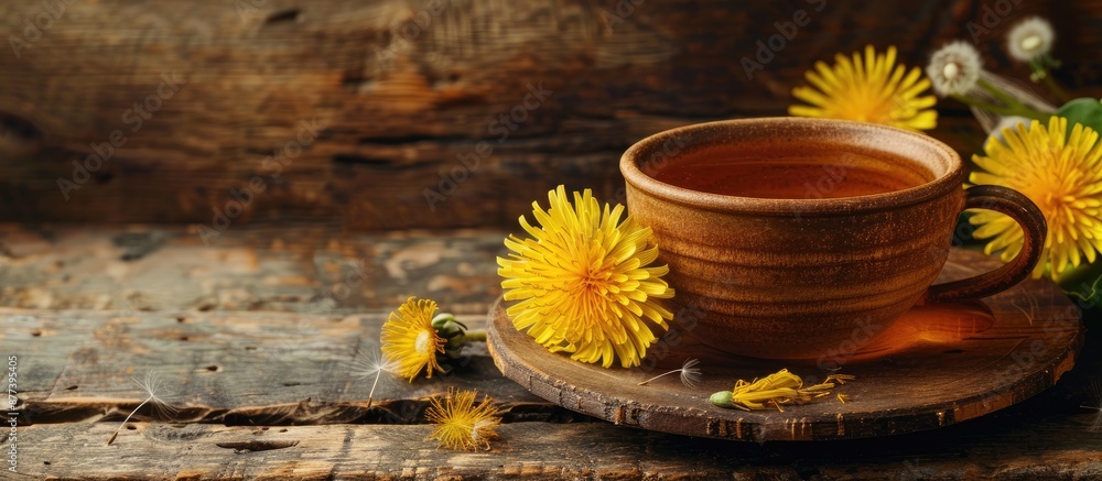 Poster dandelion medicinal tea with honey in a cup displayed on a wooden table with empty space for text or