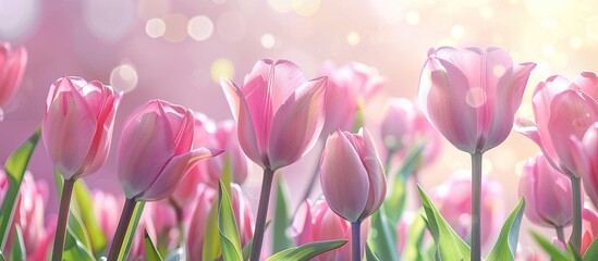 Obraz premium Spring greeting card featuring a banner of charming pink tulips with a placeholder for additional visuals like a copy space image
