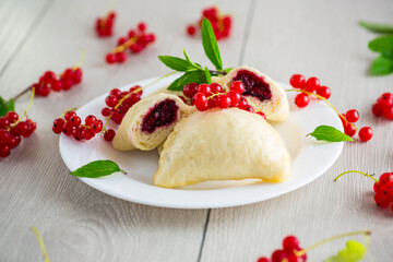 steamed sweet homemade dumplings with berries, red currants